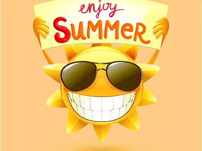 Happy Smiling Radiant Yellow Summer Sun Wearing Sunglasses Cool animation chara cool style enjoy summer graphic design illustration summer summer lover ui