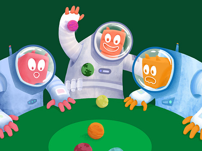 Aliens cosmonauts playing with planets : game one = so much fun alien cosmonaut fun game green illustration play