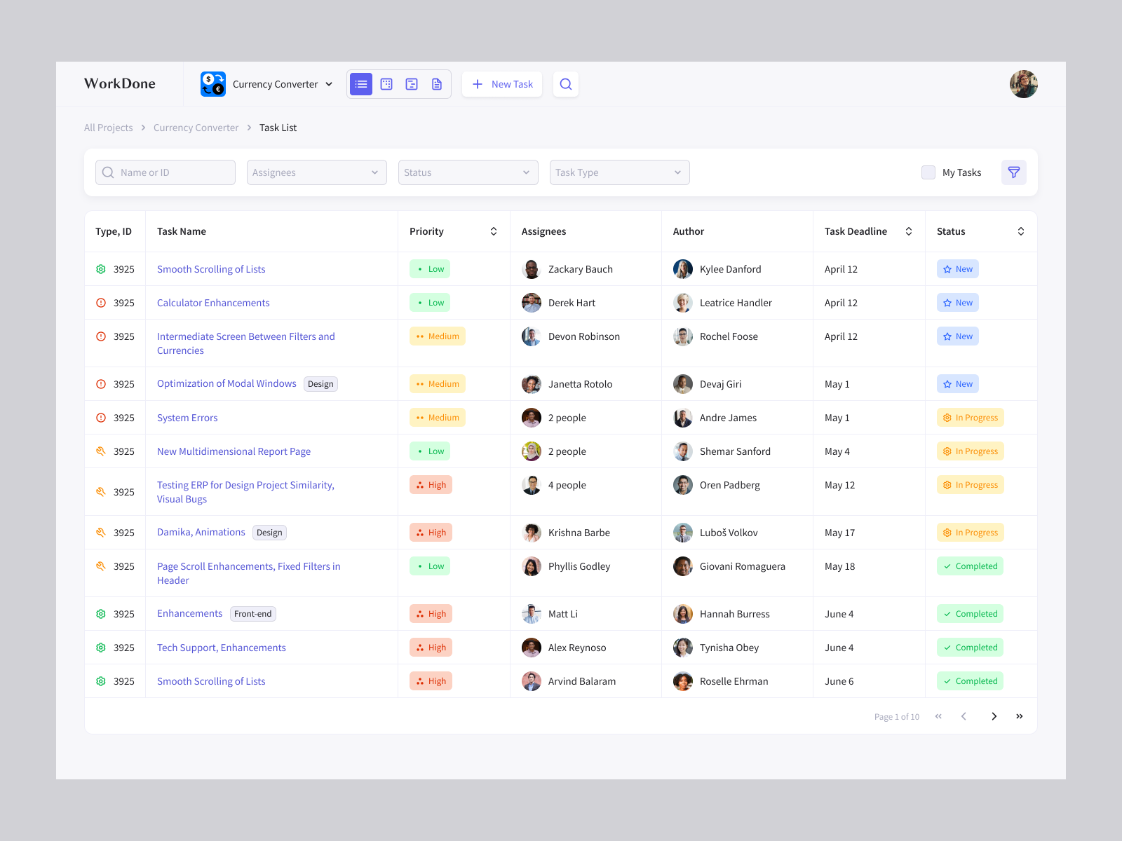 Task Manager — Task List deadline design filters interface list manager mobile modals project status table task ui users ux web website