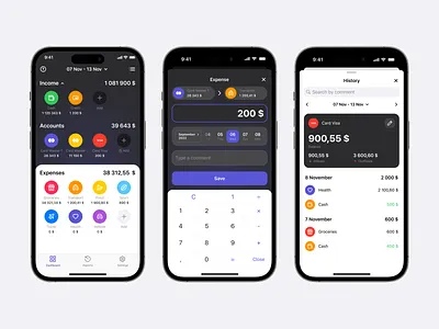 Budget Tracker App - Main Pages accounts app app store budget calculator cards dashboard design expenses finance history income ios iphone mobile statistic tracker ui ux