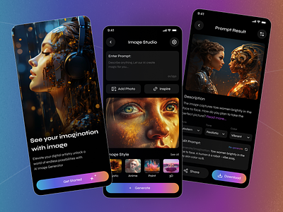 AI Image Generator App ai ai app ai assisted art ai image generator ai to image app art art generator artificial intelligence dark app design digital art image image ai image generator midjourney neural network text to picture ux visual storytelling