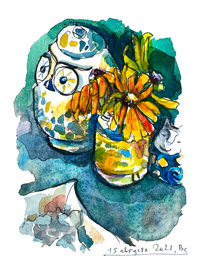 Watercolor Artwork with Yellow Flowers art artbook artist artwork design draw drawing drawn graphic design illustration painting sketch sketching still life watercolor watercolor technics