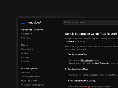 Monocloud Documentation (Dark Mode) dark mode dark ui docs documentation