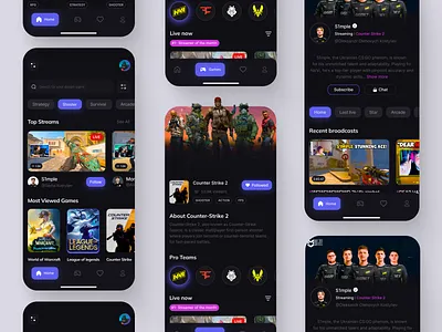 Streaming app app clean dark mode game game ui gamers gaming app live live app live screen mobile pro team streamer streaming app ui uiux ux