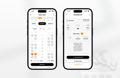 Seat selection and boarding pass flow for RailWise 😶‍🌫️🚄🌬️ app design boarding pass booking booking app branding clean flight flight booking minimal mobile app mobile design public transportation railway seat seat selection ticket train train booking