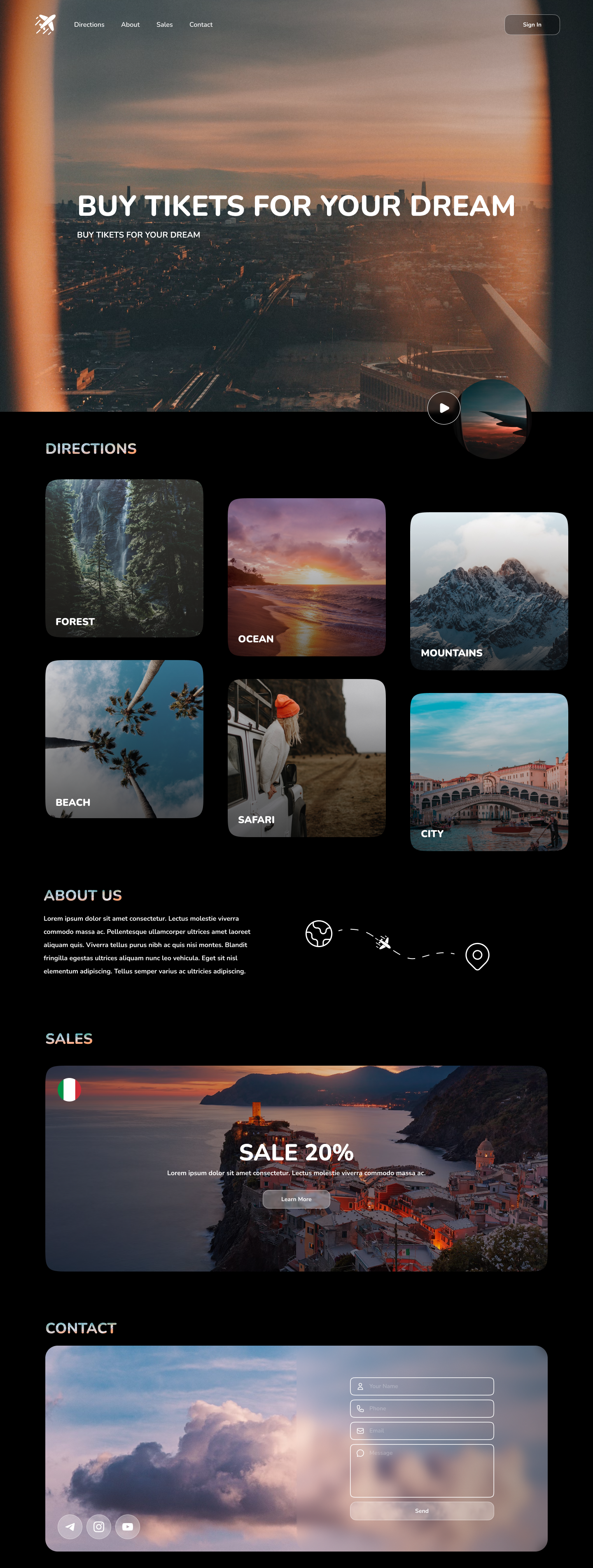 Travel | Landing Page dark theme design fight graphic design illustration landing page plane travel ui ux vector