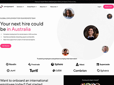Omnipresent Website avatars b2b cards employment figma global hero hiring home page hr landing page remote saas sticky teams web design webflow website website design worldwide