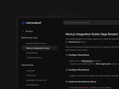 Secondary Navbar @Monocloud dark mode docs documentation