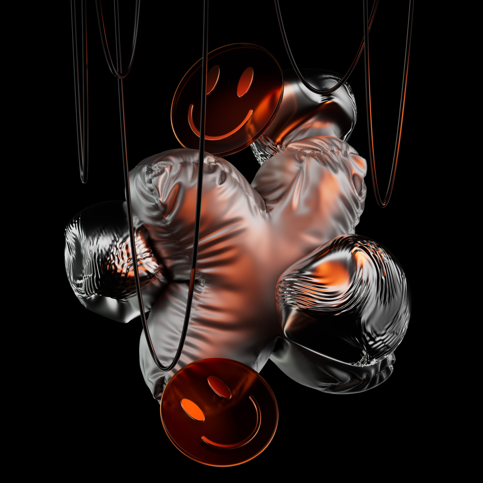 wires and pillow 3d abstract c4d cables glass metallic neon pillow silver smile soft body wires