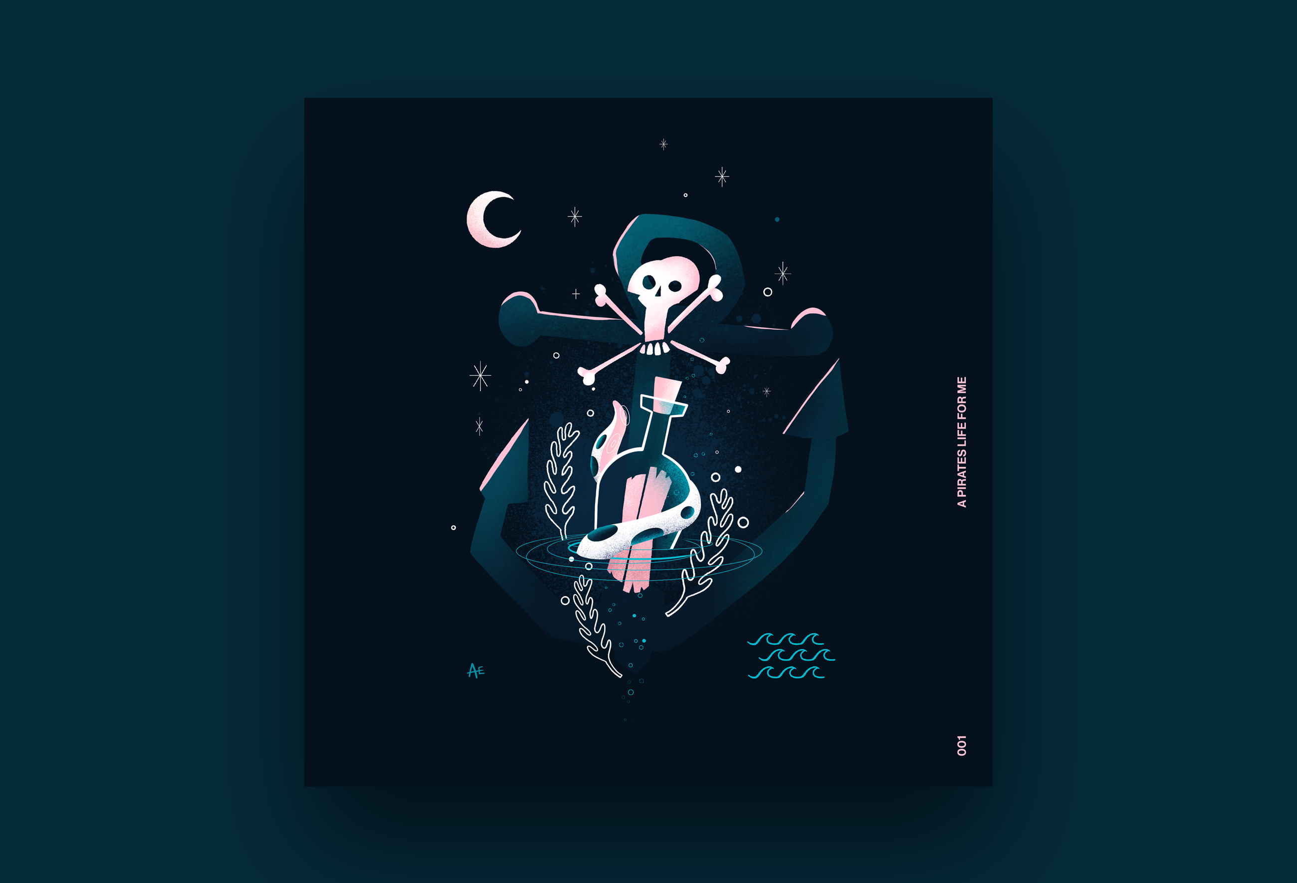 A Pirates life for me anchor blue bottle green illustration message minimal moon pink pirate poster procreate sketch texture