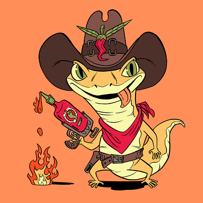 Hot Sauce Gecko character cowboy drawing food gecko hot sauce picante red