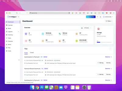 Boat Management Software analytics boat boat management calendar charts clean components dashboard data table design design system figma filters minimal notifications saas side bar trip ui ux