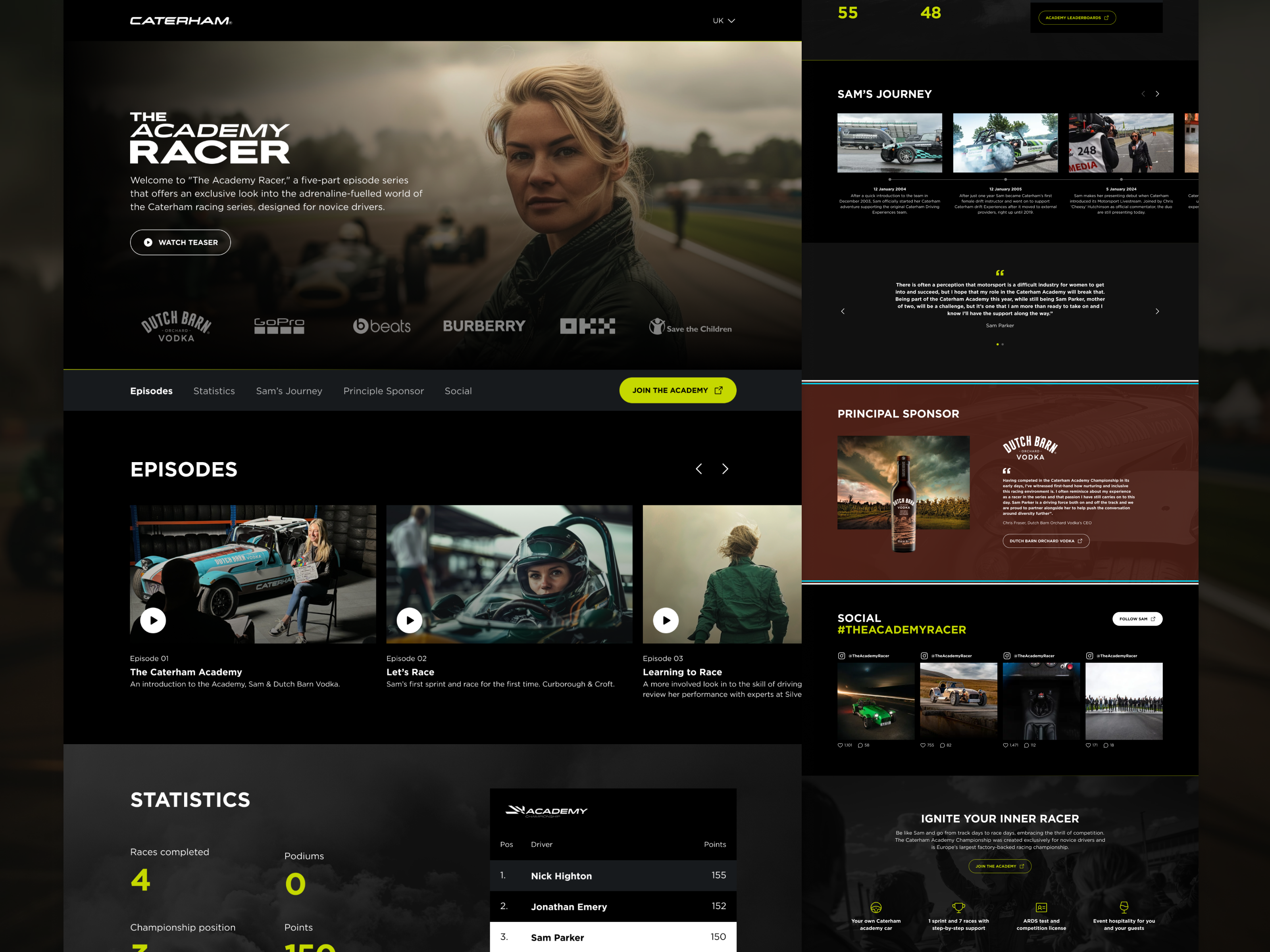 Caterham | The Academy Racer cars landing page microsite racing sport video series web design