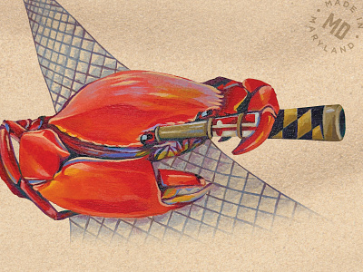 Trout's Crab Illustration acrylic catch character claws crab creature custom food illustration maryland net packaging painting red sand sea seafood spyglass telescope trouts
