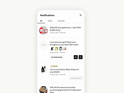 Notifications Center (New Notification) activity feed animation e commerce feed figma food giving feedback minimalism notifications store ui usability ux