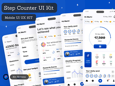 Step Counter & Tracker App UI Kit fitness tracker app health app health tracker app jogging app mobile app mobile app ui ux kit motion graphics pedometer app step tracker app ui ux kit walking counter app website design ui ux