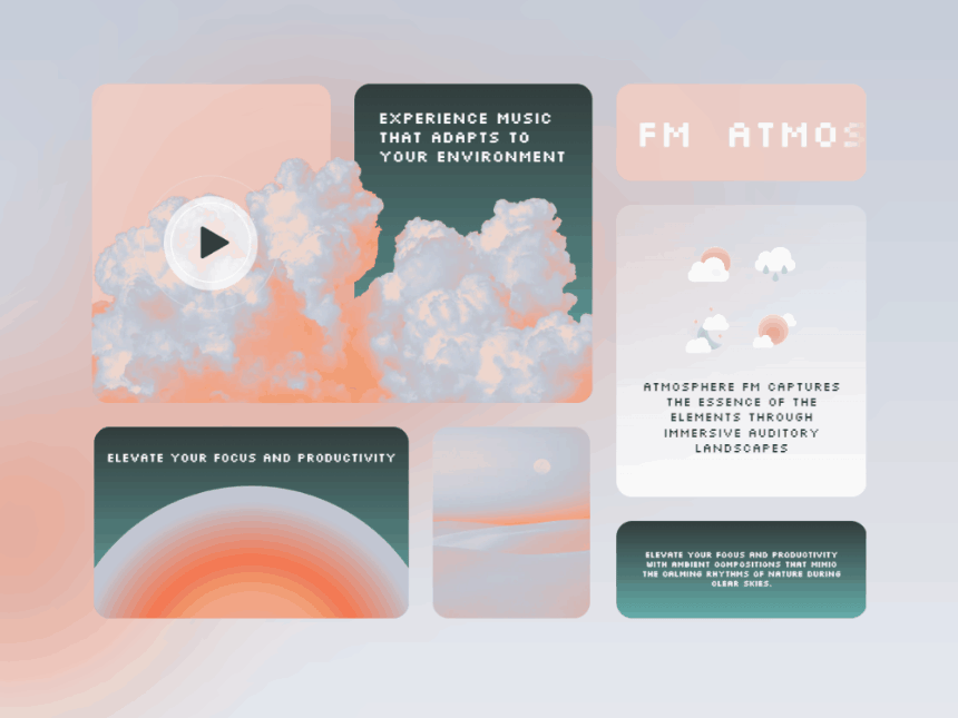 Bento Box ⛅ Atmosphere FM bento bento box bento ui clouds design challenge features framer framer remix framer template lo fi lofi pink radio saas saas landing weather ui website