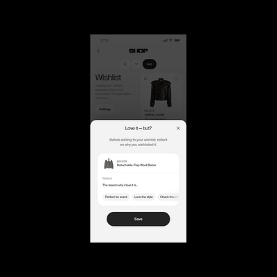 Wishlist reflection app design digital design layout minimal mobile shop ui ux