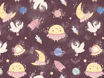 CosmoBallet Pattern design adventure ballerina ballet boho boho style cartoon style chilldren illustration cosmos design for chilldren for chilldren for kids galaxy girl design luna moon planets plants surface pattern design swam ufo