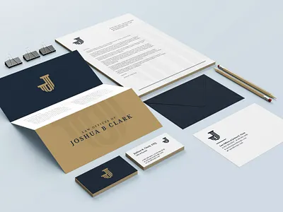 Law Offices of Joshua B Clark :: Logo Identity brand design branding design designs gold graphic design icon identity identity design j law law logo letter j letterhead logo logo design mark navy pencil stationary