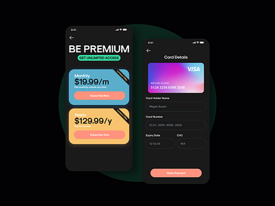 App Subscription Screen UI Design Dark Theme app design app ui app ui design dark theme design figma ios mobile payment app subscription typography ui design uiux ux design