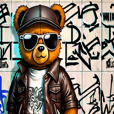 Digital art gangster teddy bear with great stitches and graffiti logo
