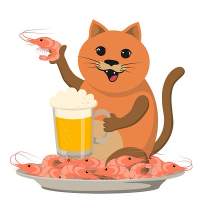 Fat red cat with a mug of beer and shrimp illustration vector