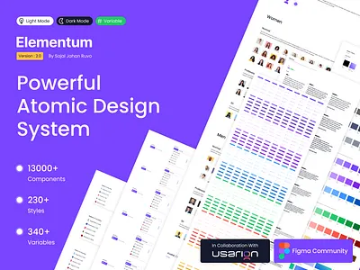 Elementum 2.0 - FREE Figma Atomic Design System. assets atomic button style community dark mode design system download figma free free template freebie icon pack kits library light mode template typography ui ux variable