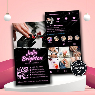 Instagram Business Card for Nail Specialist Canva Edit Template branding business card canva template design editable design graphic design hair stylist illustration lash technician makeup artist marketing nail specialist small business