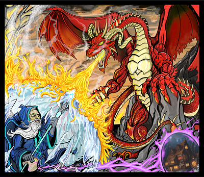 Ice vs. Big Red concept art digital art digital illustration dungeons and dragons fantasy art mage red dragon wizard