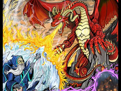 Ice vs. Big Red concept art digital art digital illustration dungeons and dragons fantasy art mage red dragon wizard