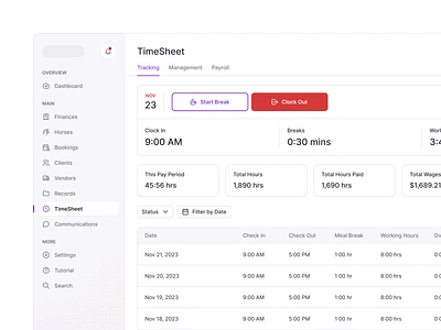 TimeSheet dashboard equestrian horse saas timesheet track ui ux