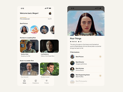 Oscar Predictor: Choose your favorites app design emma stone light mode mobile oscar poor things ui