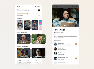 Oscar Predictor: Choose your favorites app design emma stone light mode mobile oscar poor things ui