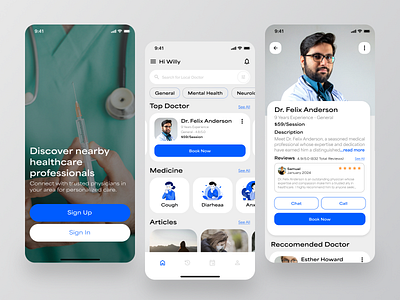 Healthcare App Design Exploration appointment blue care clean consultant doctor doctor app doctor booking mobile app doctors figma healthcare hospital hospital app lightmode medical mobile mobile app schedule ui ux