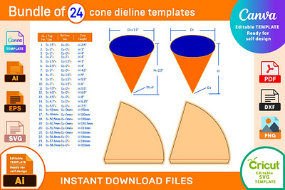 Bundle of 24 Cone Dieline Templates box box die cut branding cone design dieline graphic design illustration packaging packaging design template vector