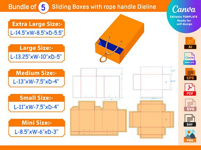 Bundle of 5 Sliding Boxes Dieline Template box box die cut design dieline illustration packaging packaging design shoe silding box vector