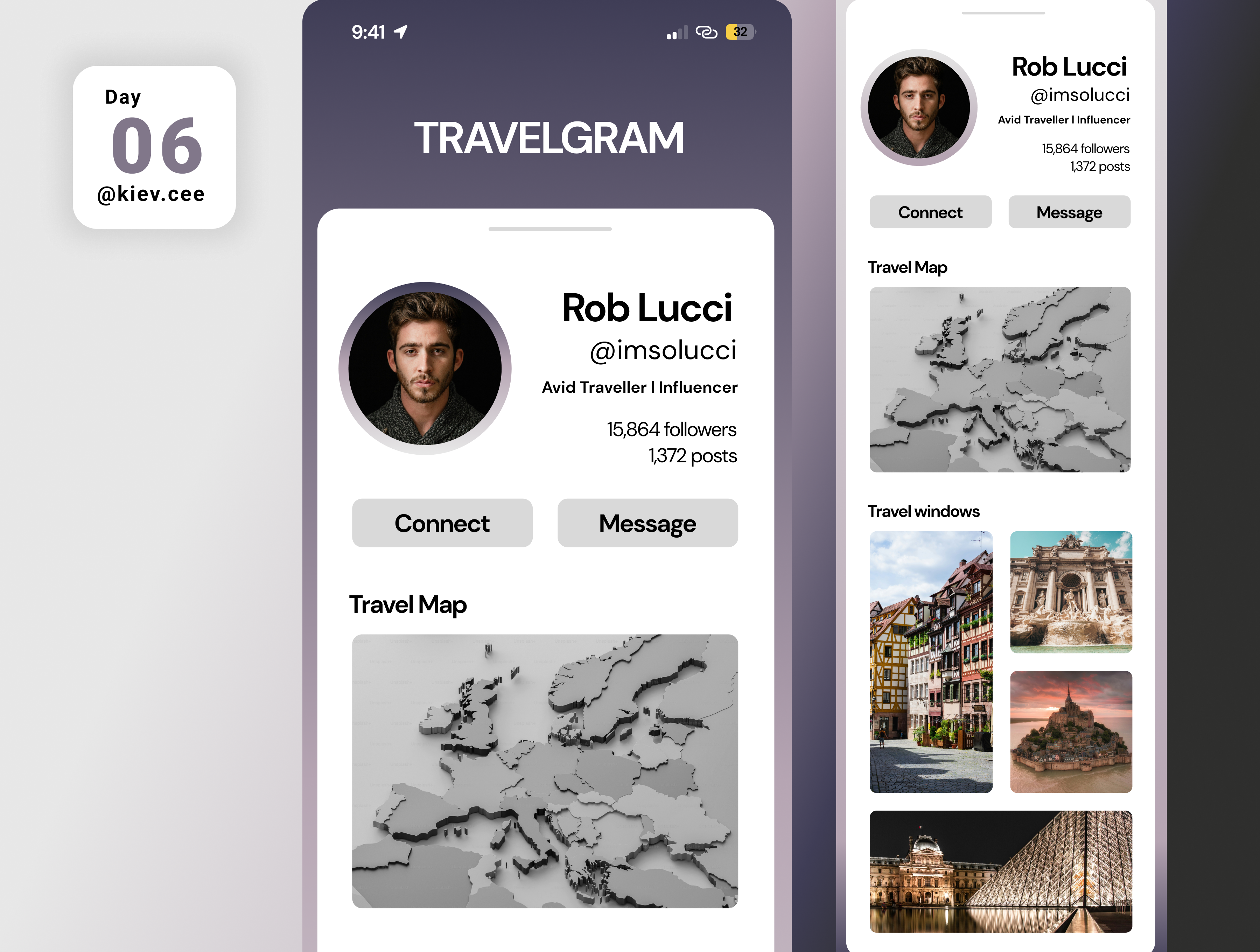 Day 06 UI Challenge: User Profile app daily challenge instagram photography photos platinum profile page purple quartz rose social social media travel ui ui design user user profile violet white