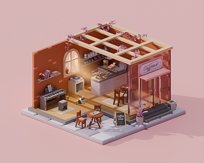 Cozy coffee shop 3d 3d artist 3d blender 3d design 3d modeling bakery coffee shop confectionery diorama environment design low poly room