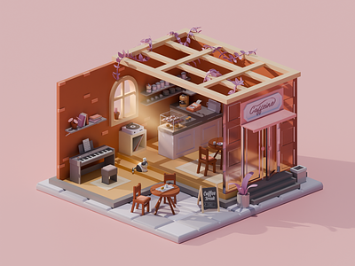 Cozy coffee shop 3d 3d artist 3d blender 3d design 3d modeling bakery coffee shop confectionery diorama environment design low poly room