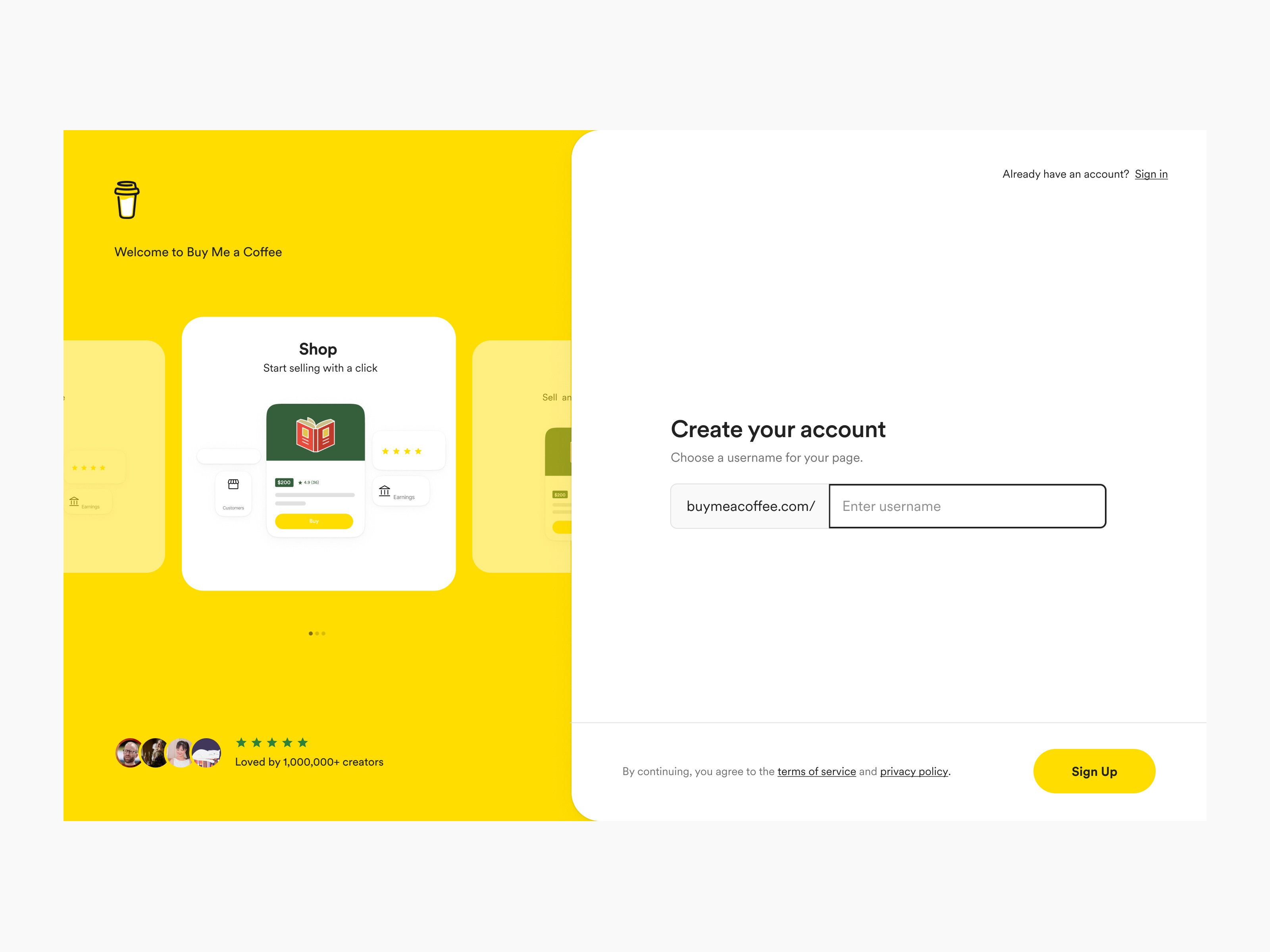 Creator onboarding - Buy Me a Coffee buymeacoffee createaccount login onboarding signup signupflow