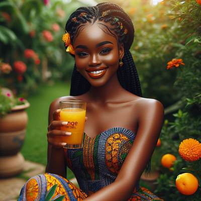 A woman presenting the fruit juice brand "Orange Natural " 3d animation ia