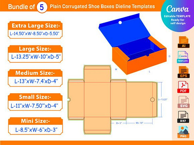 Bundle of 5 Plain Corrugated Shoe Boxes box die cut graphic design packaging packaging design size vector