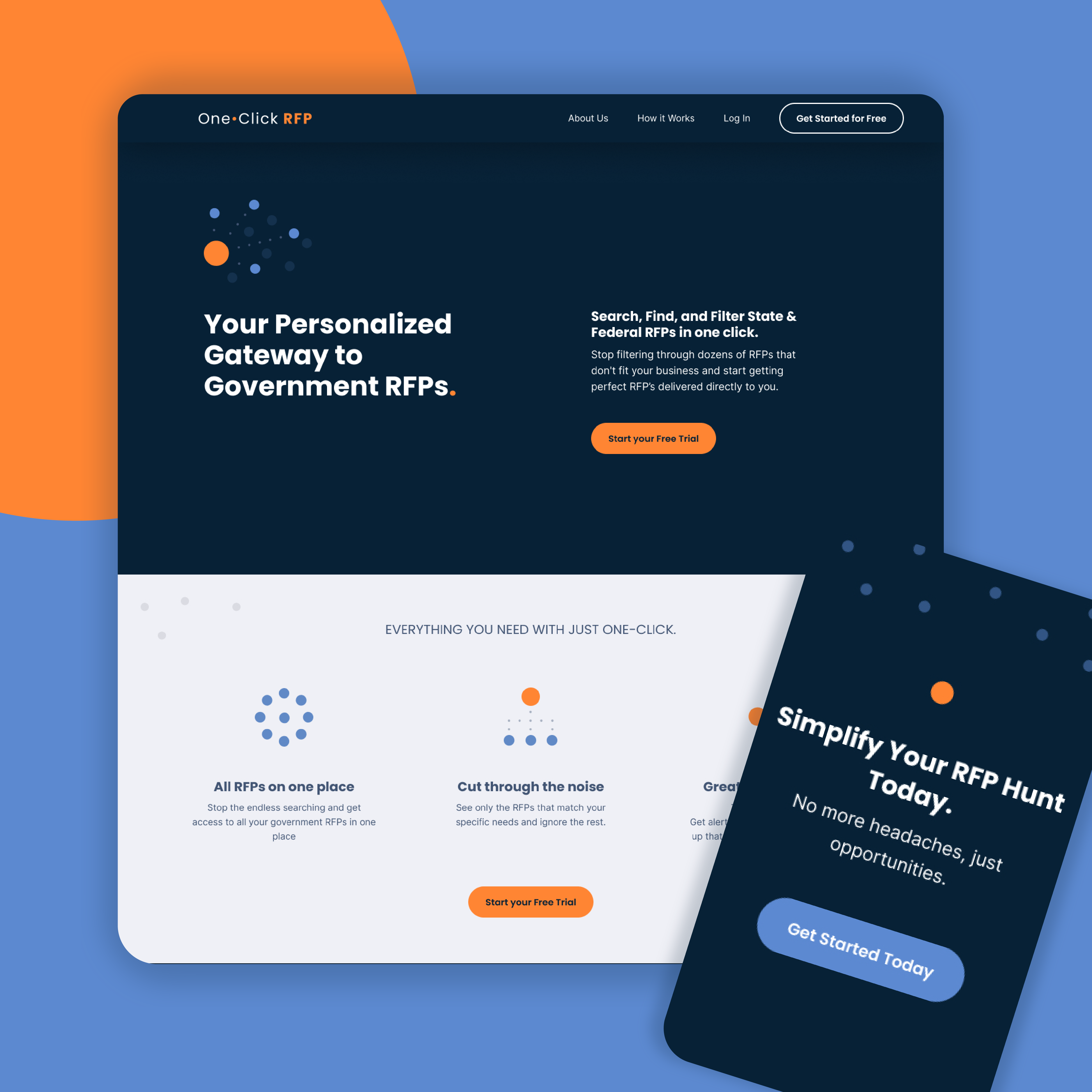 One Click RFP Website Design ai bold brand branding bright circle connection dots home page landing page network rfp sas tech technology ui web design website
