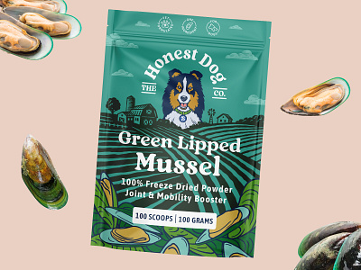 Packaging design for mussel's powder for dogs branding dog drawing graphic design illustration landscape logo mussel organic powder vintage