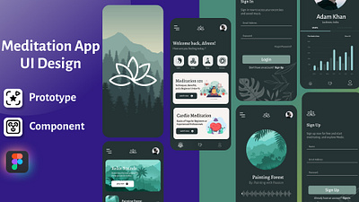 Meditation app UI design templete with prototype & interactive app app design component interactive