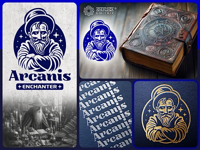 Arcanis wizard logo ancient alchemy beard brand branding enchanter fairy magic graphic design hat identity logo logo design logo designer logotype magician old wizard sage spell wizard