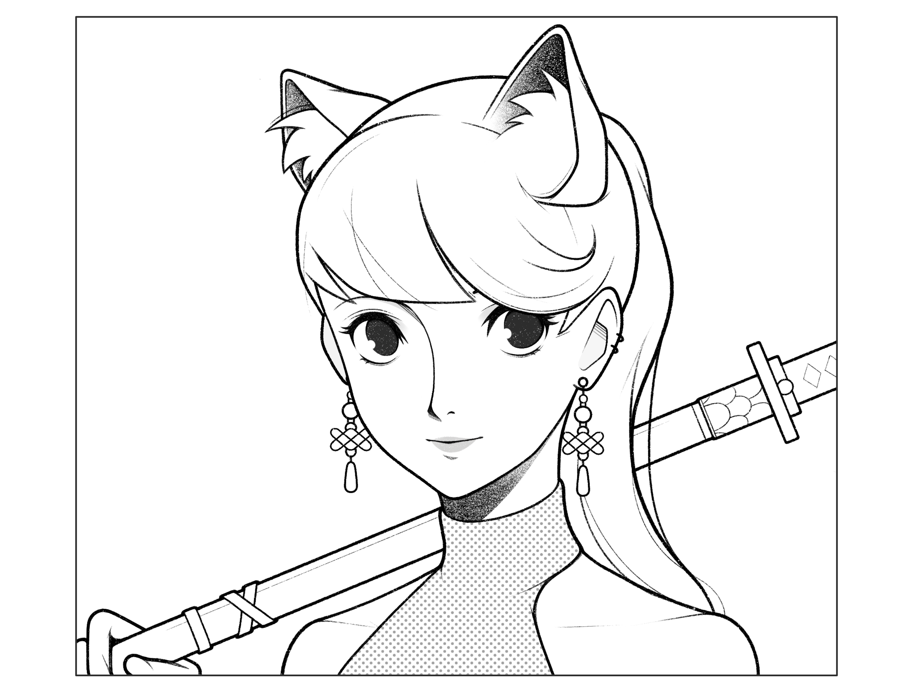 girl black and white cartoon character character design comic drawing girl halftone illustration katana line manga minimal monochrome nft pencil portrait procreate simple
