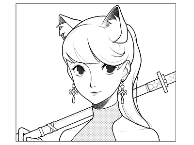 girl black and white cartoon character character design comic drawing girl halftone illustration katana line manga minimal monochrome nft pencil portrait procreate simple