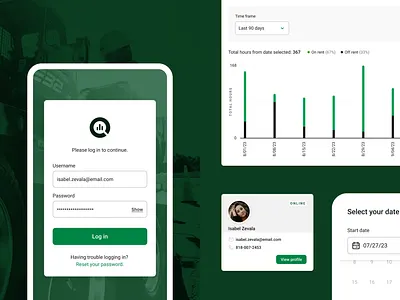 Equipment Rental Company Portal (1) authentication avatar bar chart calender dashboard design system equipment log in mobile portal product design profile rental sign in timesheet ui ux visual design